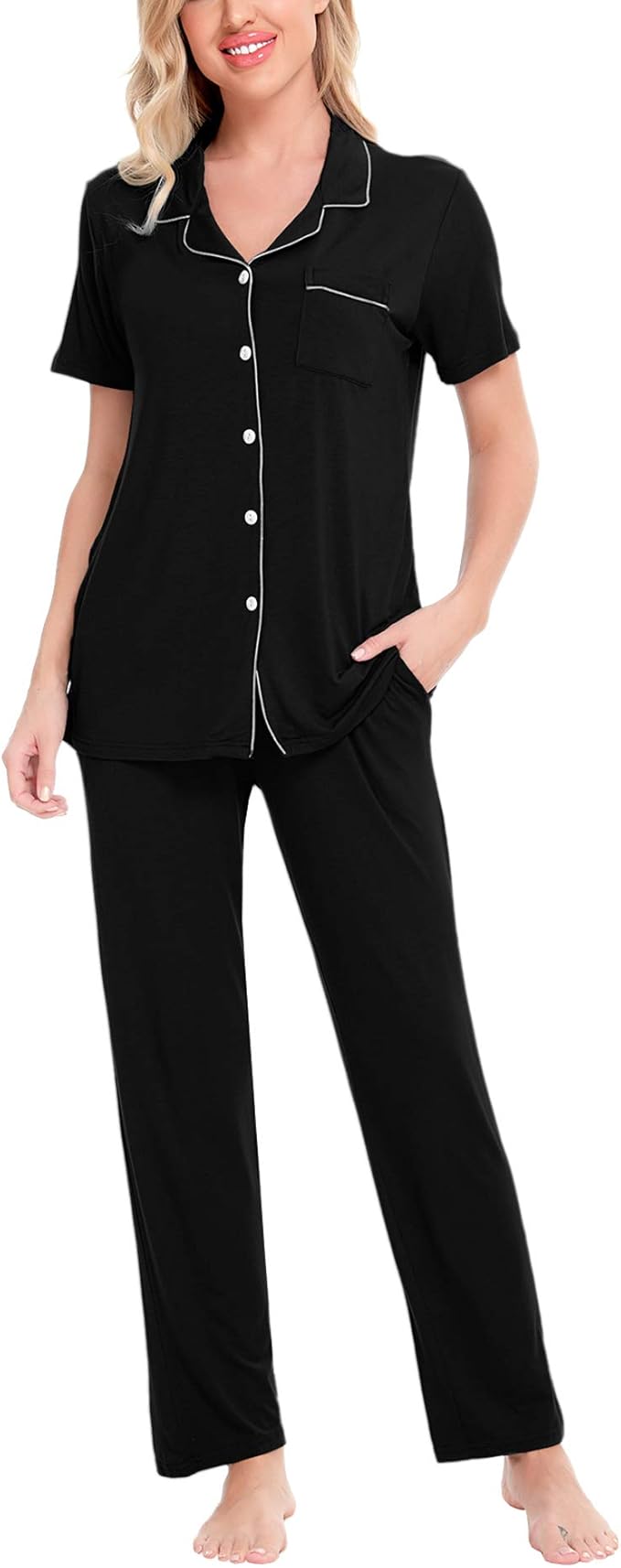 Women Pajama Sets Two-Piece Nightwear Short Sleeve Sleepwear Button Down Pj Lounge Sets with Long Pants