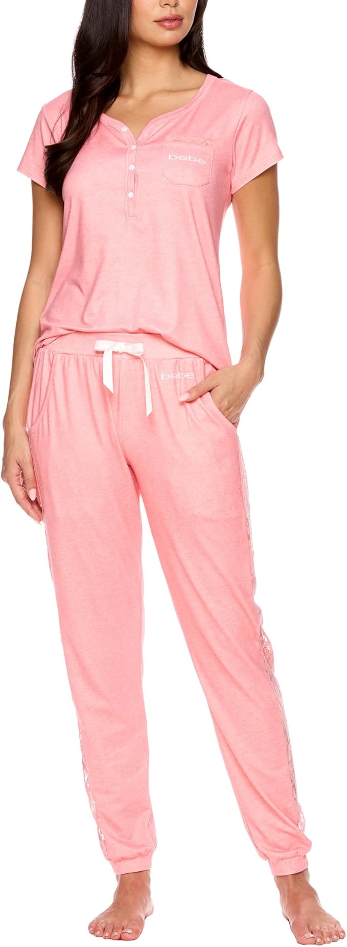 Womens Pajama Set, Short Sleeve Shirt with Lace Jogger PJ Pants Lounge Sets