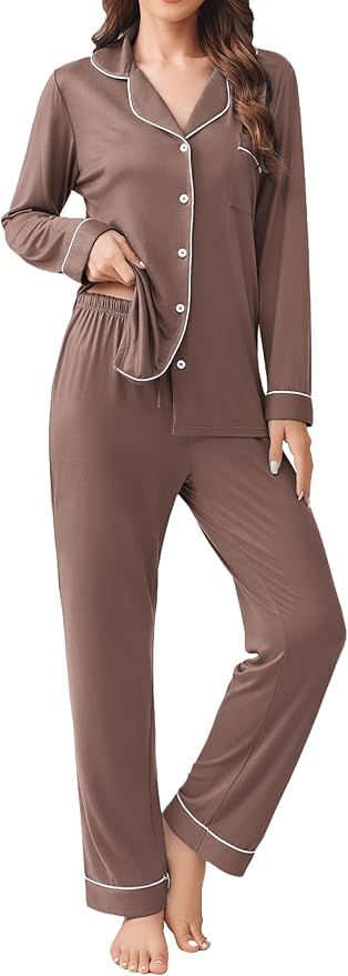 Womens Pajamas Set 2 Piece Button Down Pjs Soft Long Sleeve Top and Pants Sleepwear