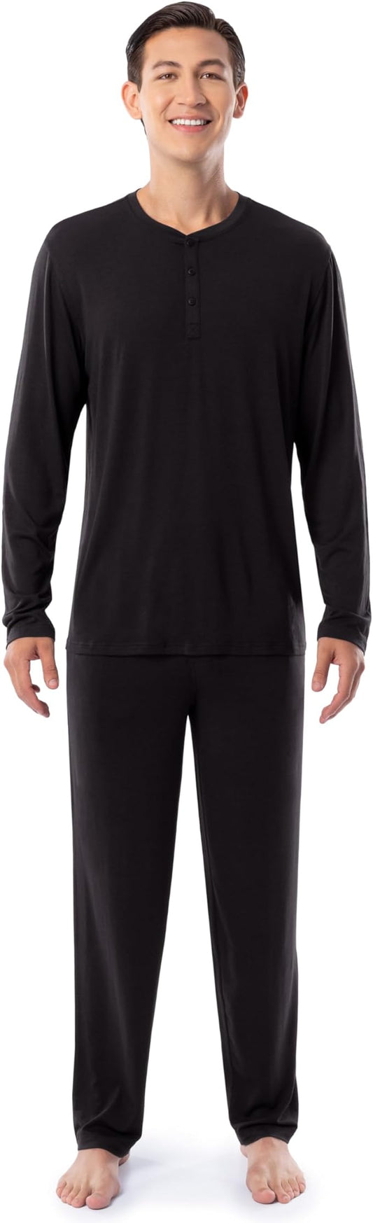 Men's 360 Stretch Long Sleeve Henley Top and Pant Sleep Pajama Set