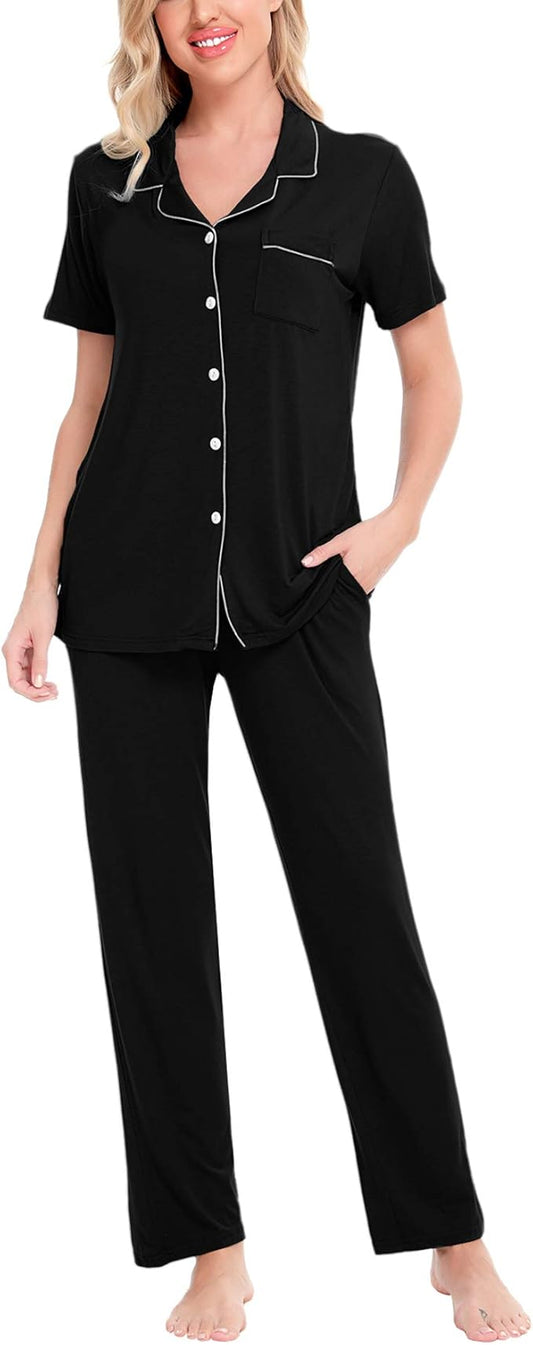 Women Pajama Sets Two-Piece Nightwear Short Sleeve Sleepwear Button Down Pj Lounge Sets with Long Pants