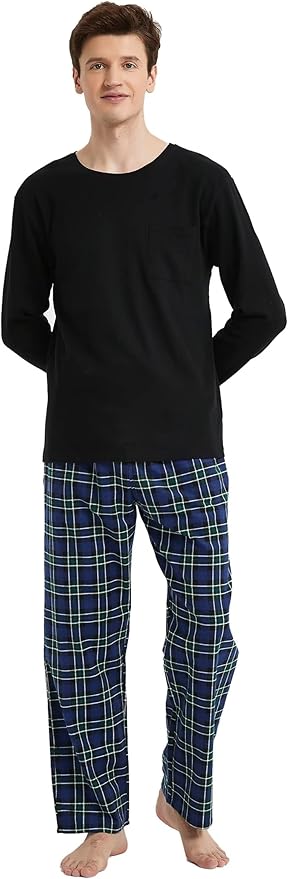 Men's 100% Cotton Pajama Set Flannel Plaid Pants Crew Neck Top Long Sleeves