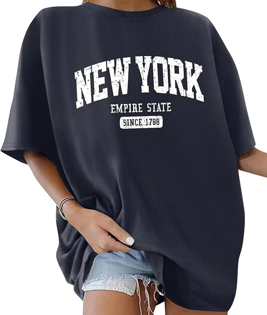 Women’s Oversized Graphic Print Short Sleeve Tunic Tops Crew Neck Casual Drop Shoulder T Shirts